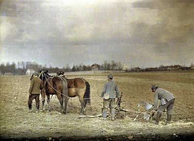 Een boer en twee Franse soldaten ploegen met twee paarden, Marne, Frankrijk, 1917 door Fernand Cuville